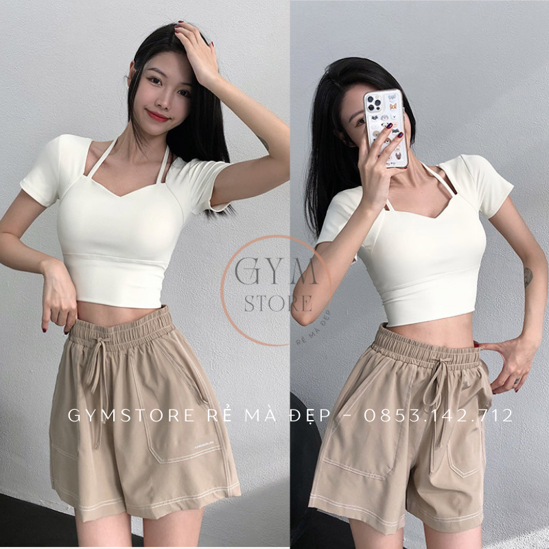 Áo Thun Cổ Dây Croptop Có Mút Tay Ngắn Tập Gym Yoga Thể Thao Nữ Thun Mềm Mịn Co giãn Thoáng Mát Tôn Dáng 279