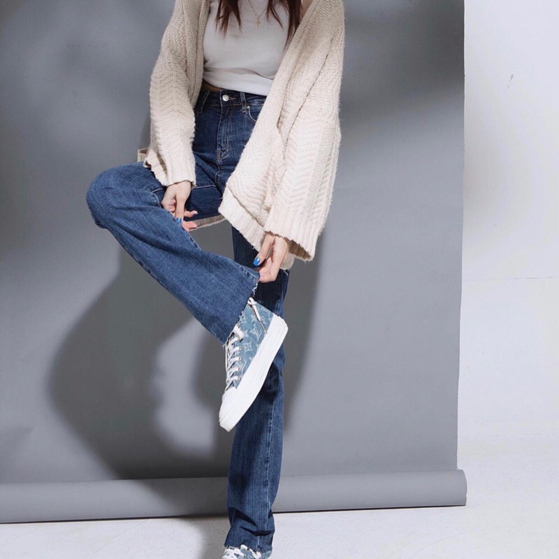 QUẦN JEANS ỐNG ĐỨNG LƯNG CAO CO DÃN - XANH TRUNG