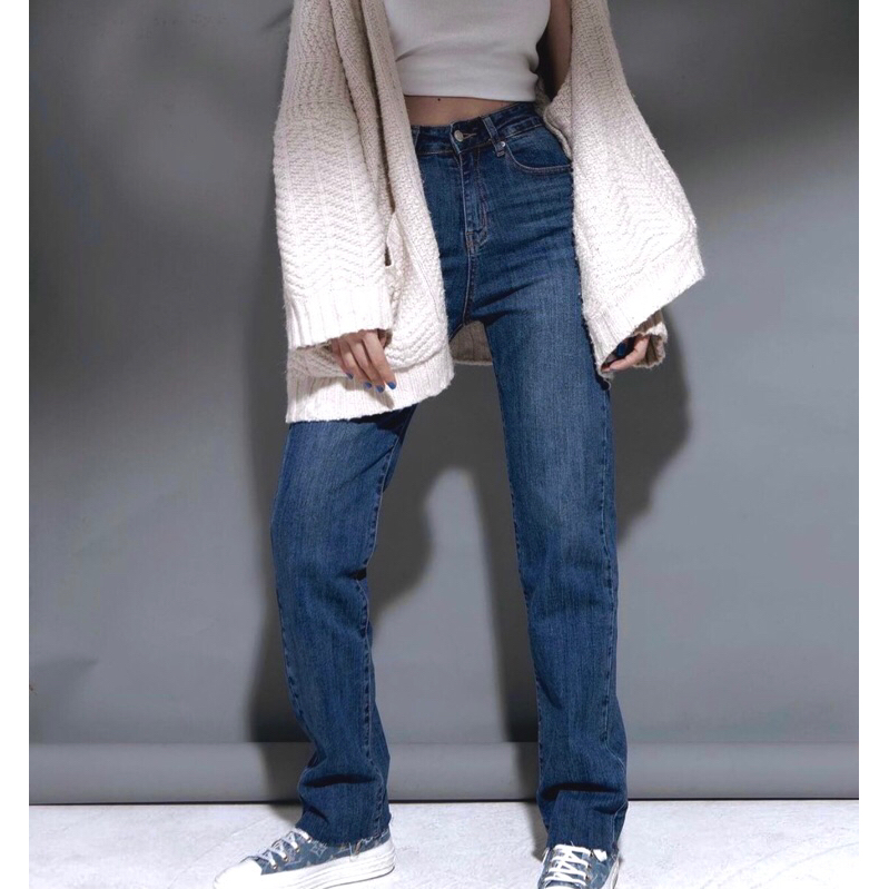 QUẦN JEANS ỐNG ĐỨNG LƯNG CAO CO DÃN - XANH TRUNG