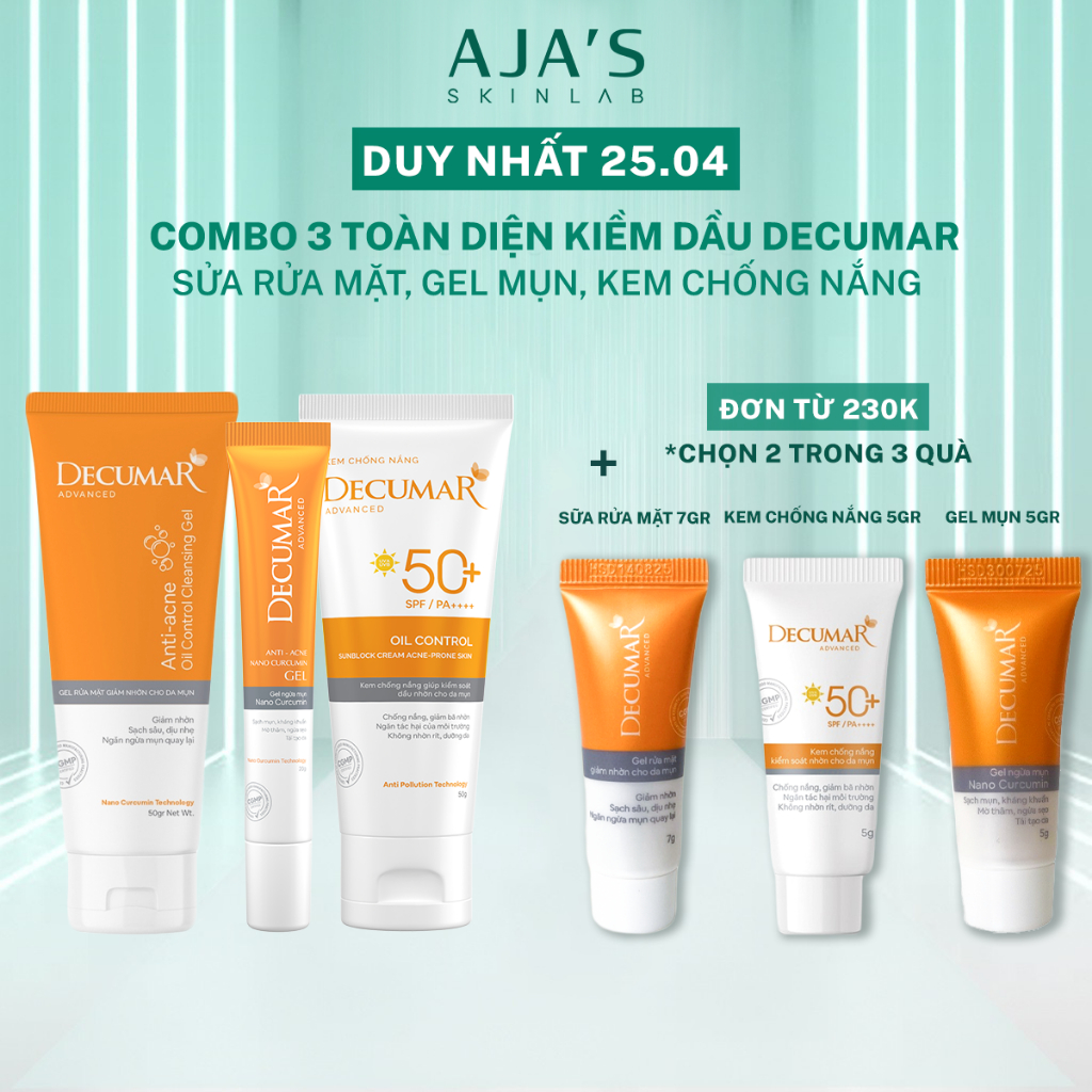 Combo ngừa mụn kiềm dầu toàn diện Decumar Advanced (1 Gel mụn 20g, 1 SRM 50g, 1 KCN 50g) - Ajaskinlab