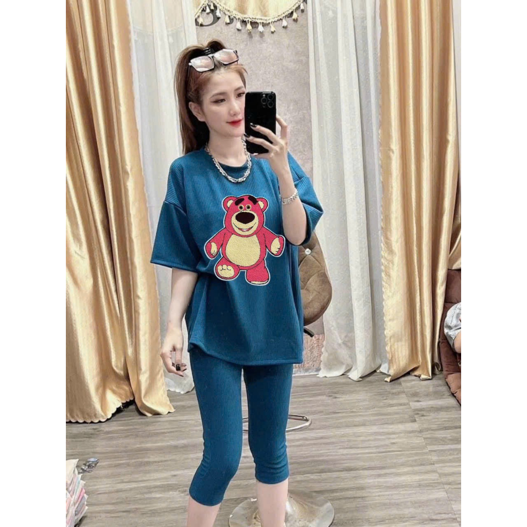 [5.5 Sales Freeship] Set bộ áo thun from rộng in gấu dâu mix quần lửng 9 tấc, bộ thun lửng ngố in hình cute mtb