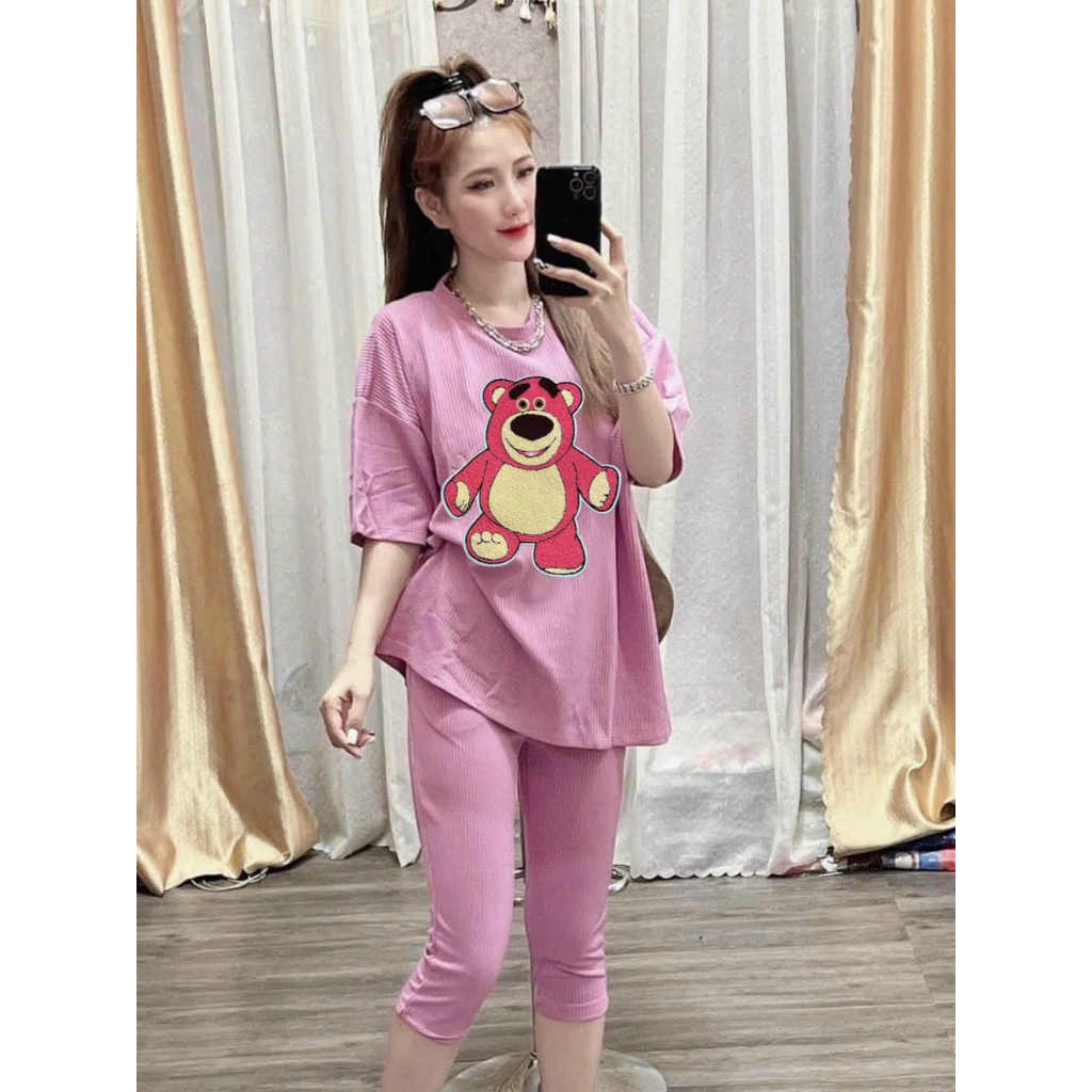 [5.5 Sales Freeship] Set bộ áo thun from rộng in gấu dâu mix quần lửng 9 tấc, bộ thun lửng ngố in hình cute mtb