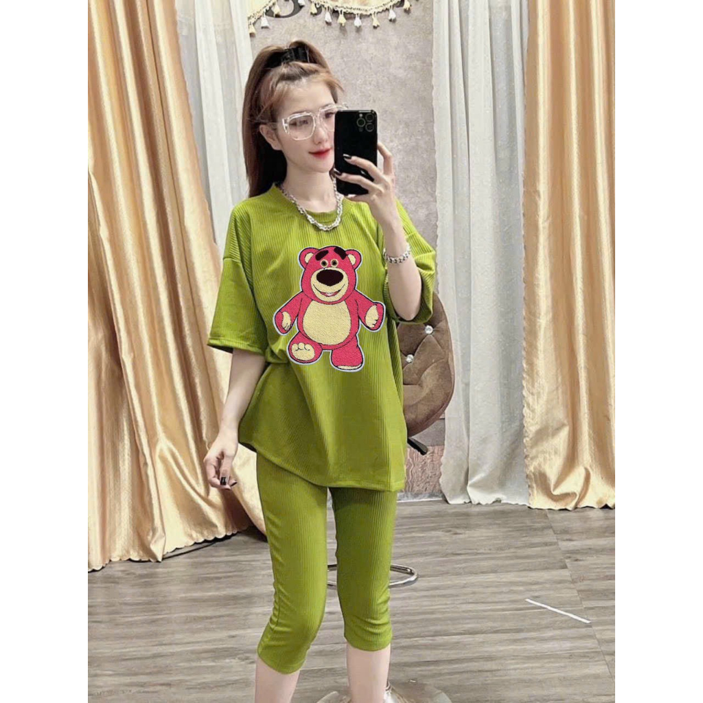 [5.5 Sales Freeship] Set bộ áo thun from rộng in gấu dâu mix quần lửng 9 tấc, bộ thun lửng ngố in hình cute mtb