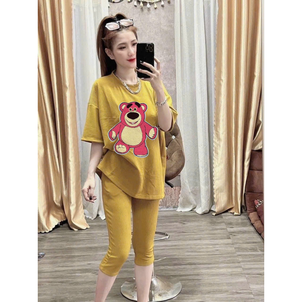 [5.5 Sales Freeship] Set bộ áo thun from rộng in gấu dâu mix quần lửng 9 tấc, bộ thun lửng ngố in hình cute mtb