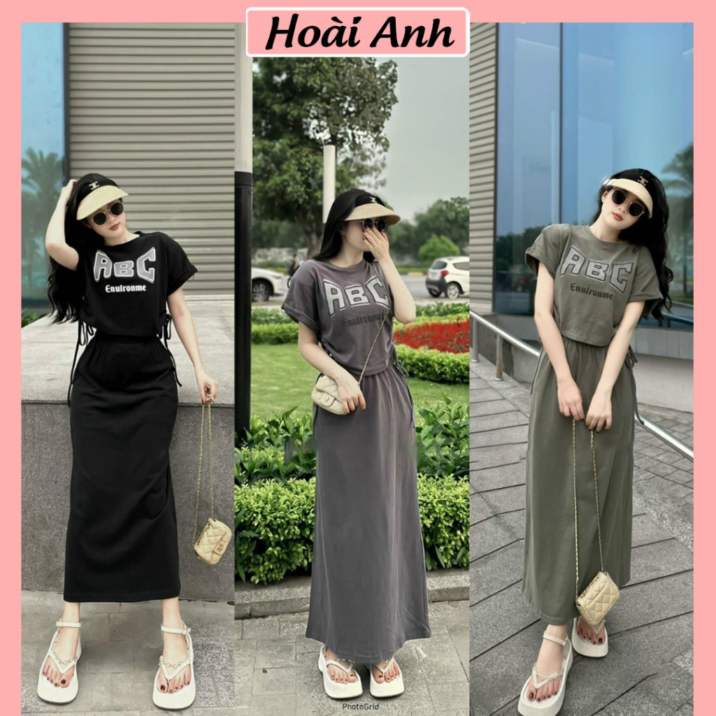Set Bộ Đồ Nữ Áo Croptop Rút Eo ABC Mix Chân Váy Dáng Dài Form Rộng Freesize