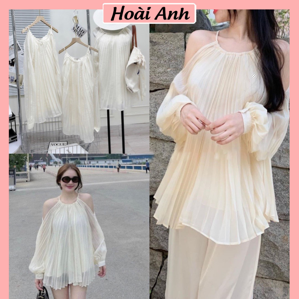 Áo Tơ Nhũ Khoét Vai Dập Ly Dài Tay 2 Lớp Áo Tiểu Thư Dáng Dài Form Rộng Hở Vai Freesize