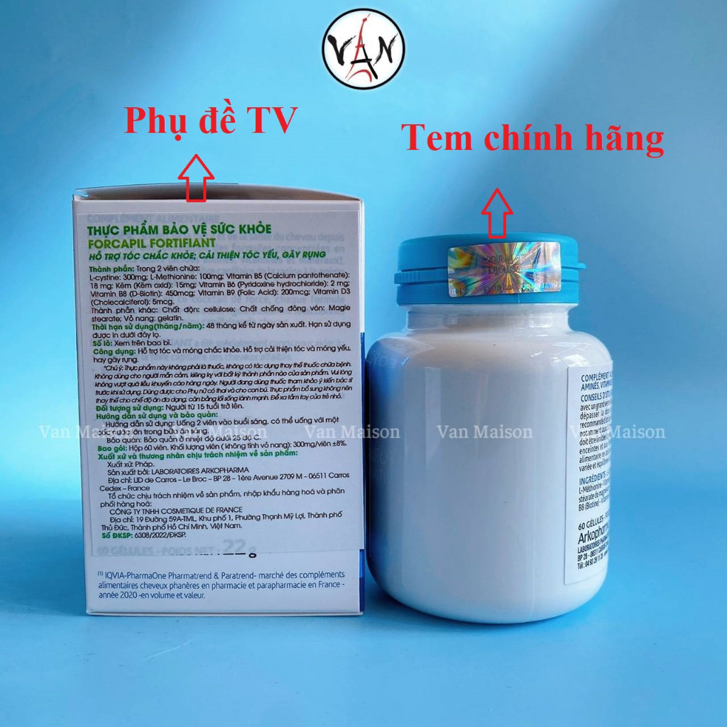 Viên uống hỗ trợ nuôi dưỡng tóc, ngăn ngừa rụng tóc arkopharma forcapil fortifiant 60 viên