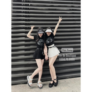 Set áo croptop hình mix chân váy xếp ly