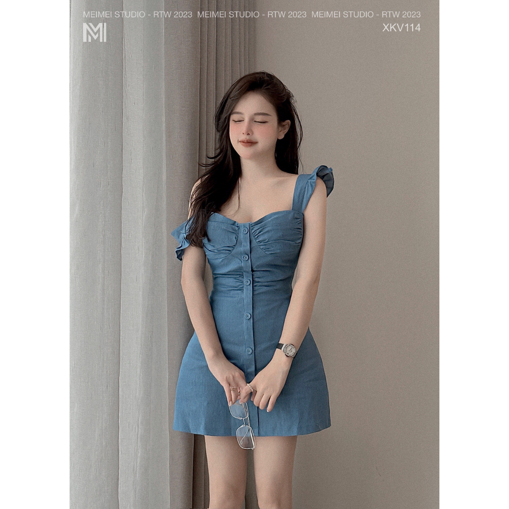 Váy 2 dây Trico denim cúp ngực, Đầm chữ A dáng ngắn đến đùi, Mặc đi chơi, đi tiệc | XKV114 | Meimei Studio
