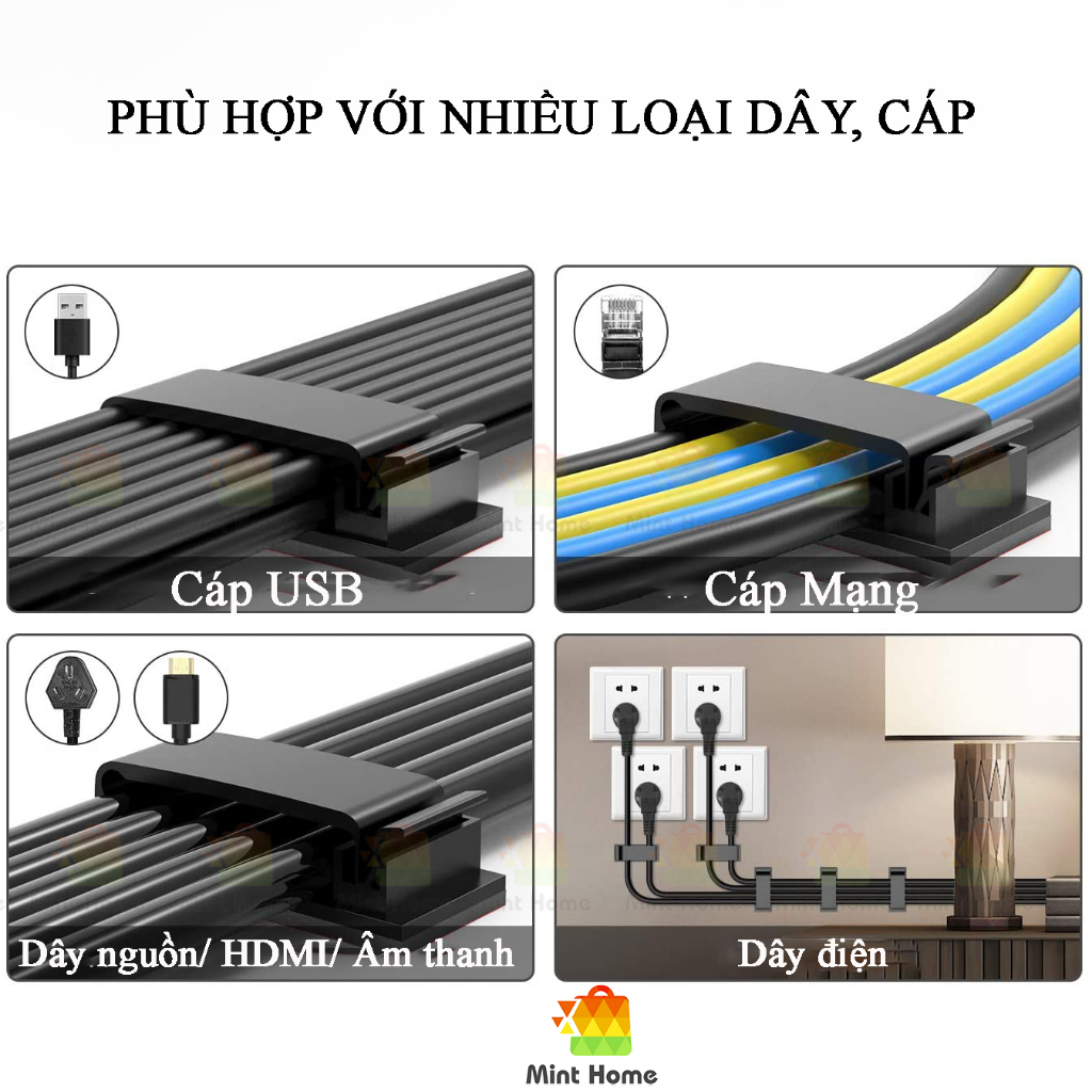 Miếng nẹp dán tường siêu dính gắn giữ cố định dây điện cáp sạc kẹp chốt làm gọn chống rối băng keo 3M