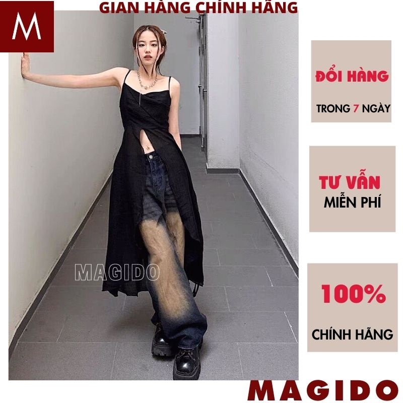 Áo hai dây thời trang nữ dáng dài xẻ tà màu đen trắng trẻ trung năng động cá tính chất chơi - MAGIDO A62