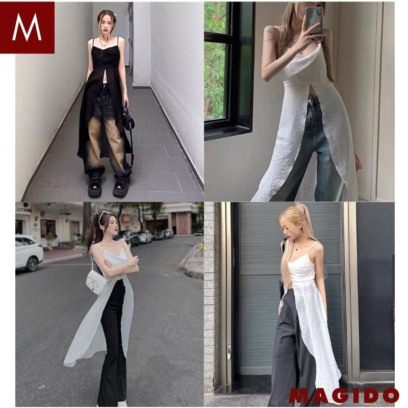 Áo hai dây thời trang nữ dáng dài xẻ tà màu đen trắng trẻ trung năng động cá tính chất chơi - MAGIDO A62