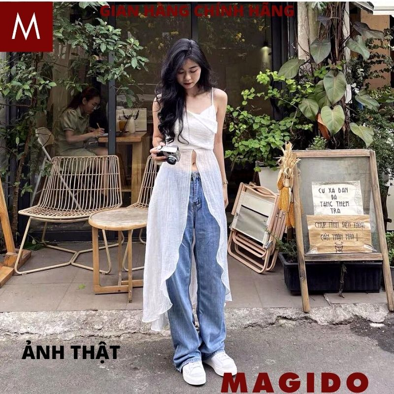 Áo hai dây thời trang nữ dáng dài xẻ tà màu đen trắng trẻ trung năng động cá tính chất chơi - MAGIDO A62