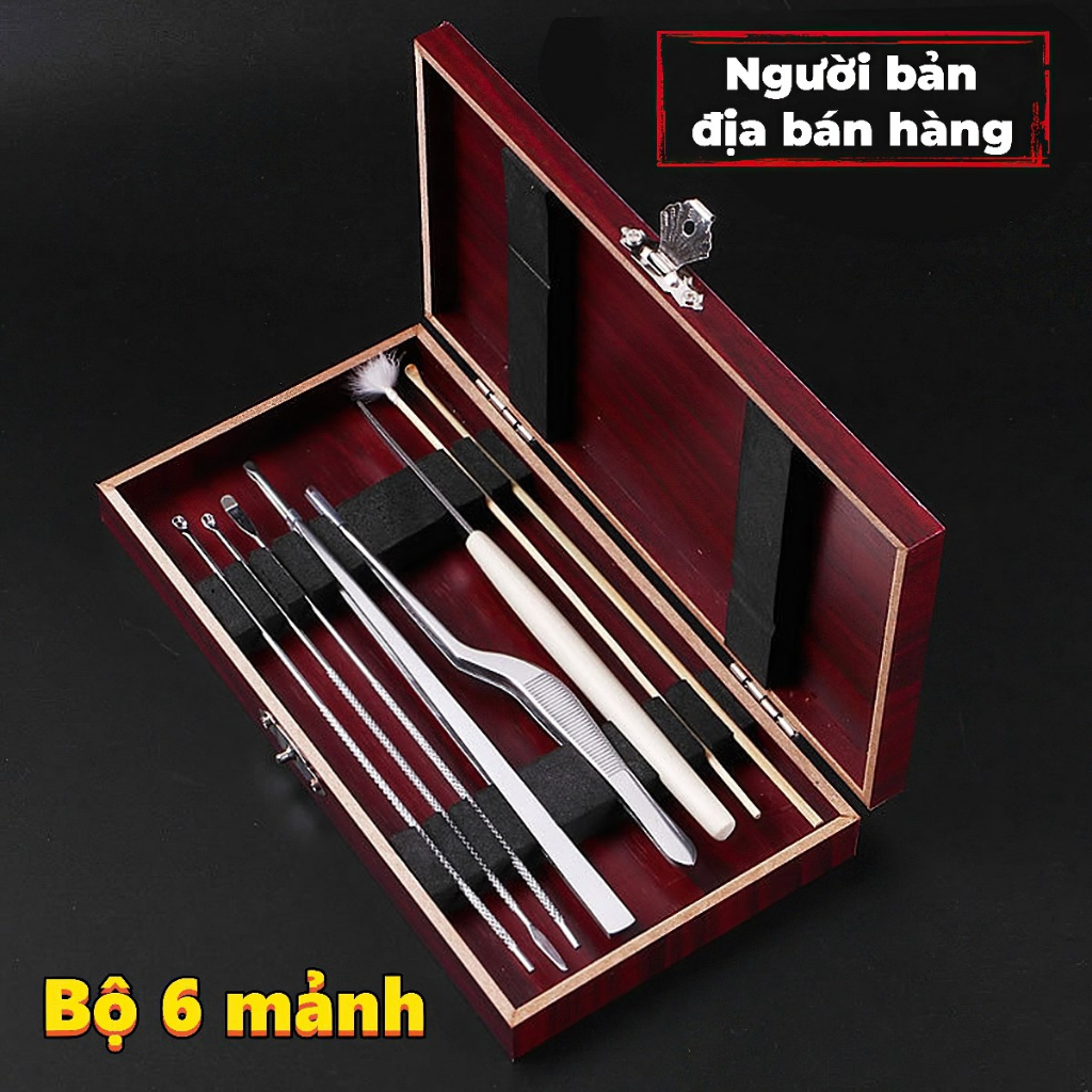 Dụng cụ lấy ráy tai, nhíp lấy ráy tai, bộ ngoáy tai, bộ lấy ráy tai hộp gỗ tich hợp đèn soi