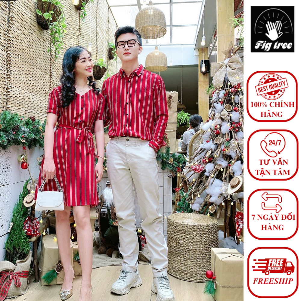 Set Áo Sơ Mi Váy Đôi FigTree Sọc Đỏ Siêu Hot Cho Cặp Đôi Mã 155B