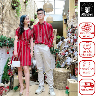 Set áo sơ mi váy đôi figtree sọc đỏ siêu hot mã 155b