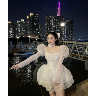 ĐẦM TRẮNG NHÍU NGỰC TAY PHỒNG TAG NƠ XOÈ TẦNG CHOCKER HOA