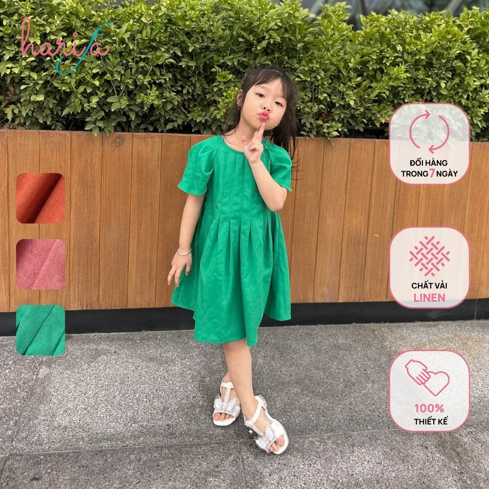 Váy đầm tay bồng cho bé gái chiết ly phong cách Hàn Quốc Nhật Bản - vải Linen - từ 1 đến 6 tuổi -VT007