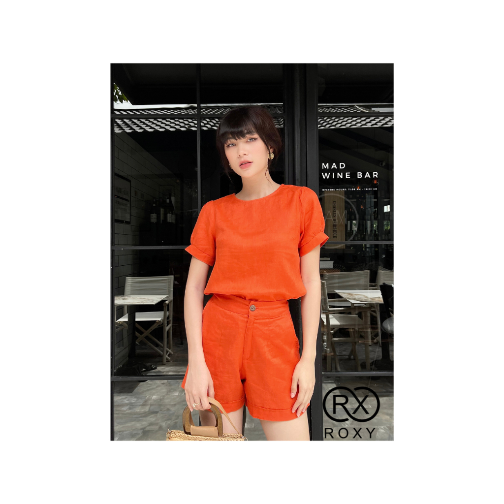 Bộ Quần Áo Ngắn ROXY Trơn Vải Linen Mát Mẻ Phối Tay Phồng Điệu Đà 9014