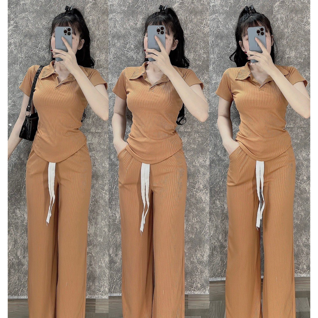 Đồ bộ áo cổ sơ mi vạt bầu phối quần ống suông