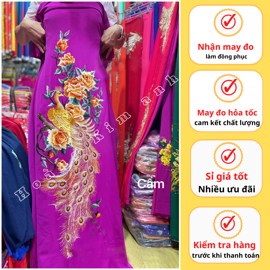 VẢI LỤA GÃY MAY ÁO DÀI TRUYỀN THỐNG CAO CẤP THÊU HOA VÀ CHIM CÔNG CAO CẤP SANG TRỌNG MẶC TẾT, LỄ CƯỚI, LỄ HỘI -Mẫu thêu4