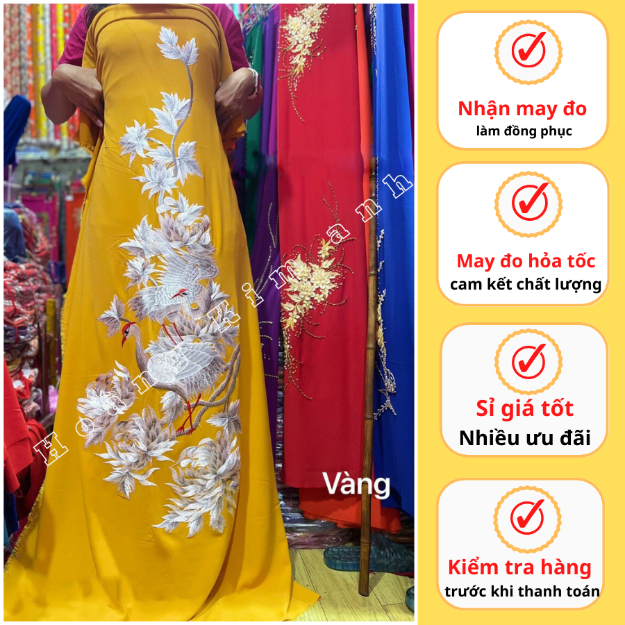 VẢI MAY ÁO DÀI VẢI LỤA MANGO THÊU LẮC TAY THU CÔNG HỌA TIẾT CHIM VÀ HOA ĐỘC LẠ, HÀNG THIẾT KẾ CAO CẤ