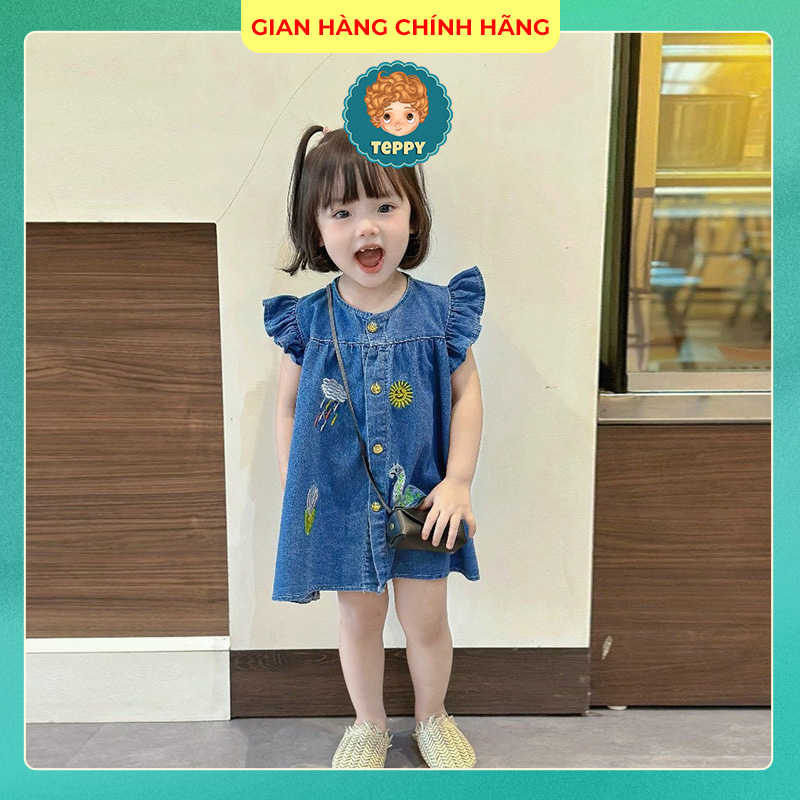 Đầm jean thêu cánh tiên kèm nón, mũ cho bé gái