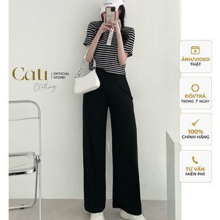 Set bộ cati áo thun kẻ dáng lửng phối quần đen xuông a2103 trẻ trung