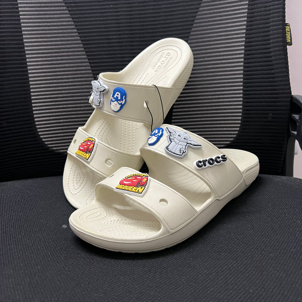 Dép lê 2 quai cho nam và nữ, dép crocs chính hãng, màu trắng gạo, tặng sticker (lỗi nhẹ đã xử lý) NTG