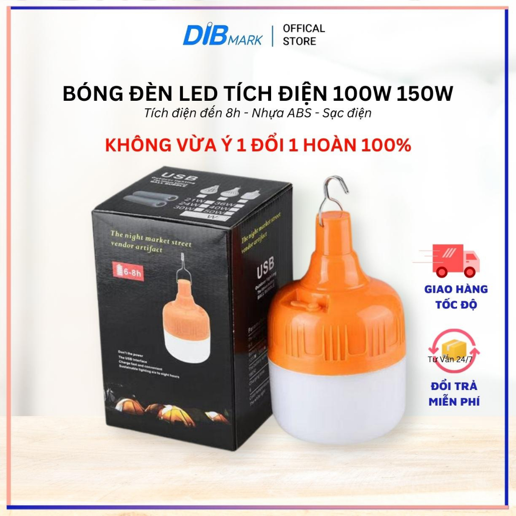 Bóng đèn Led sạc tích điện 100w 150w Bóng đèn tích điện sáng đến 8 giờ có móc treo đi cắm trại, bán hàng đêm, đi dạo đêm