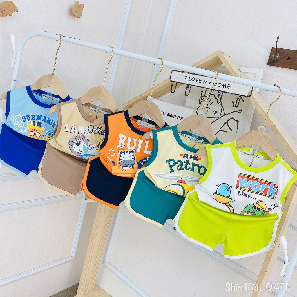 >Full Size  Bộ Ba Lỗ Thun Lạnh Minkey Baby Phối Viền In Hình Xe, Máy Bay Siêu Xinh Dành Cho Bé