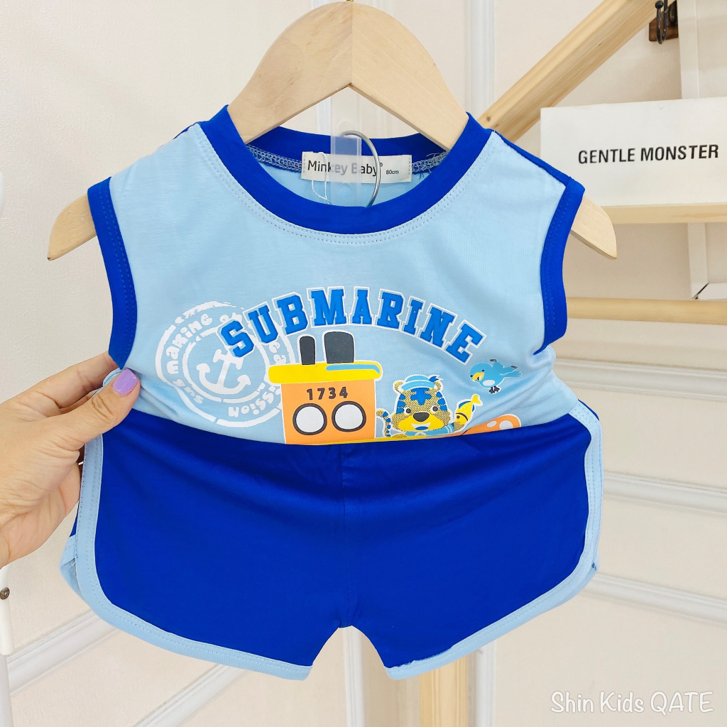 >Full Size  Bộ Ba Lỗ Thun Lạnh Minkey Baby Phối Viền In Hình Xe, Máy Bay Siêu Xinh Dành Cho Bé