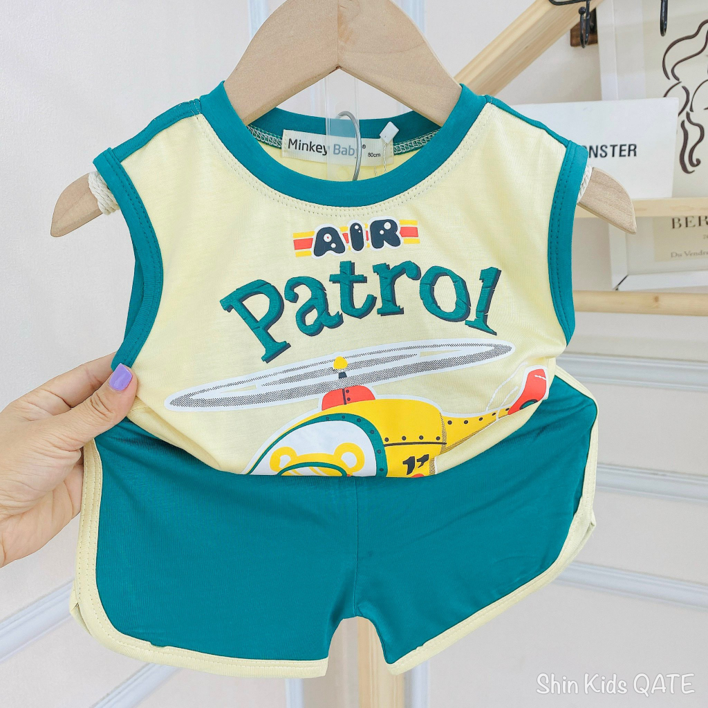 >Full Size  Bộ Ba Lỗ Thun Lạnh Minkey Baby Phối Viền In Hình Xe, Máy Bay Siêu Xinh Dành Cho Bé