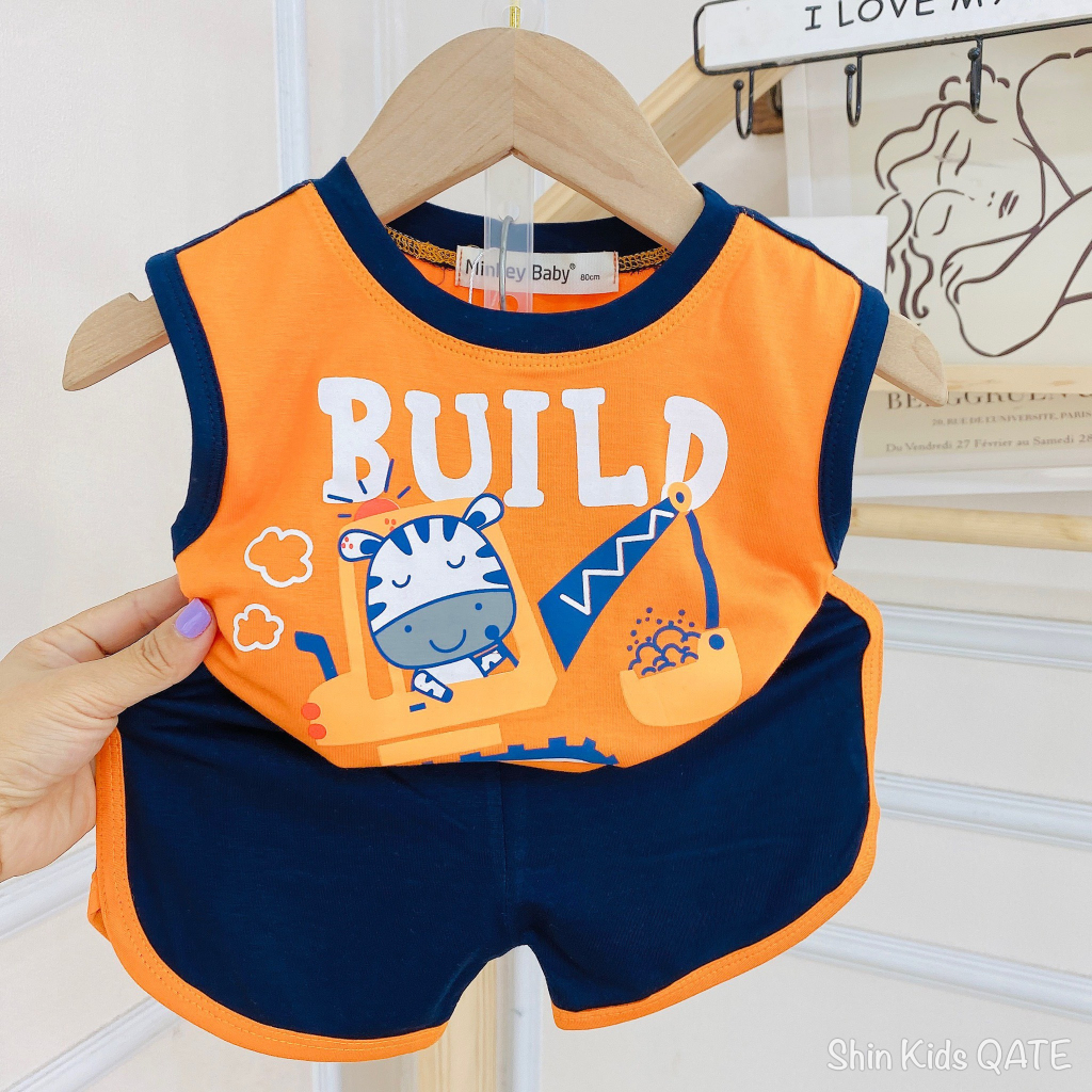 >Full Size  Bộ Ba Lỗ Thun Lạnh Minkey Baby Phối Viền In Hình Xe, Máy Bay Siêu Xinh Dành Cho Bé