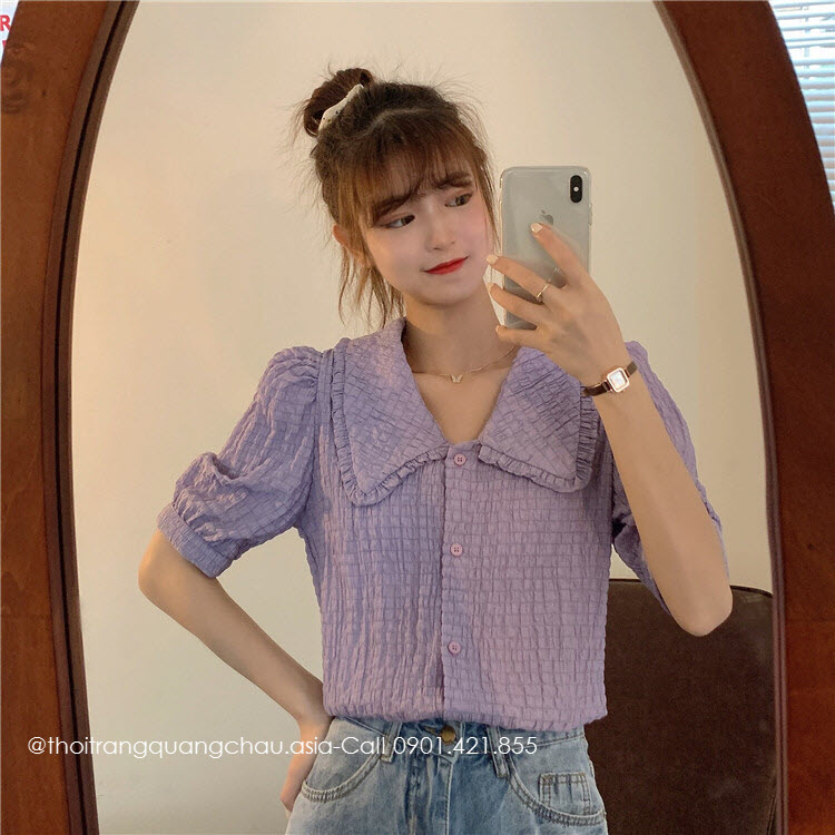 Áo Sơ Mi Tím Cổ Búp Bê Chất vải Rượu “Style” Mã QC84