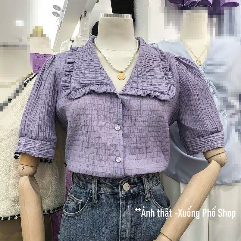 Áo Sơ Mi Tím Cổ Búp Bê Chất vải Rượu “Style” Mã QC84