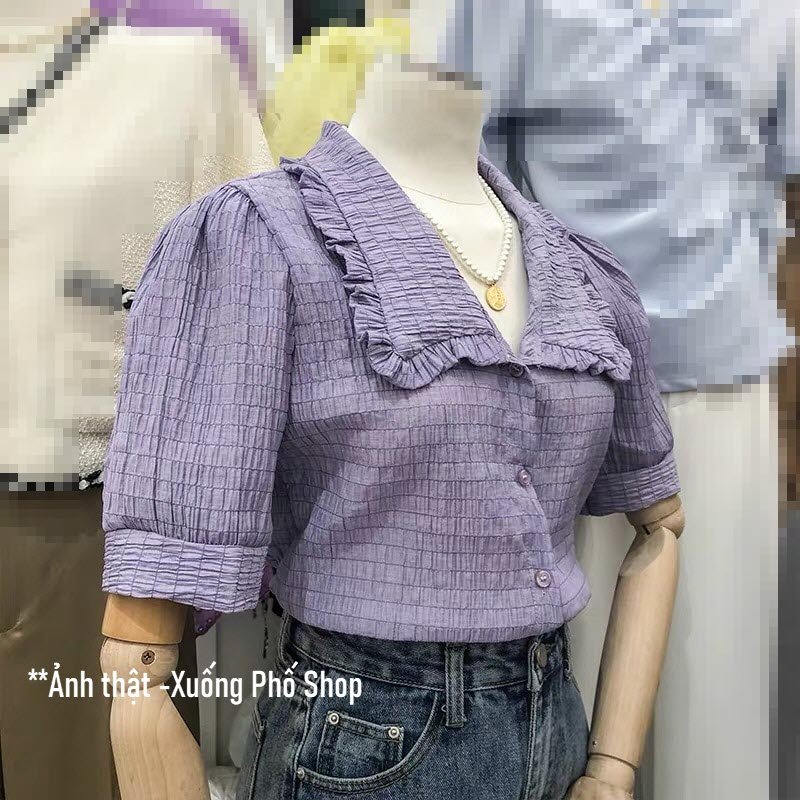 Áo Sơ Mi Tím Cổ Búp Bê Chất vải Rượu “Style” Mã QC84