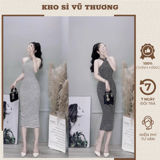 Đầm gân hở lưng chéo cổ, đầm maxi body cổ yếm họa tiết sọc ngang sexy freesize dưới 55kg