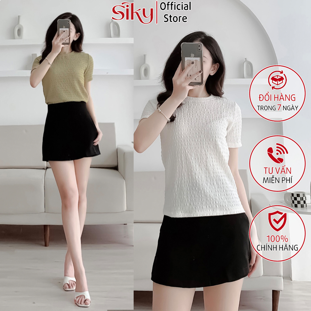 Áo thun kiểu vải xốp nhăn nữ SIKY dáng ôm ngắn tay, Áo kiểu cổ tròn tay cộc - AP06