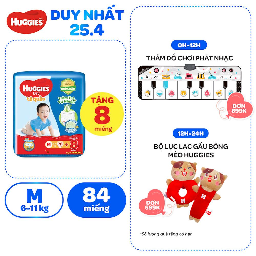 TÃ Quần Huggies Tràm Trà Tự Nhiên Dry M76/L68/XL60/XXL54 + Tặng 8 miếng