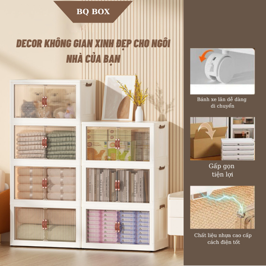 Tủ nhựa đựng đồ - tủ gấp gọn để quần áo cửa trong suốt khóa nam châm, chất liệu nhựa PP cao cấp chiều rộng 61cm