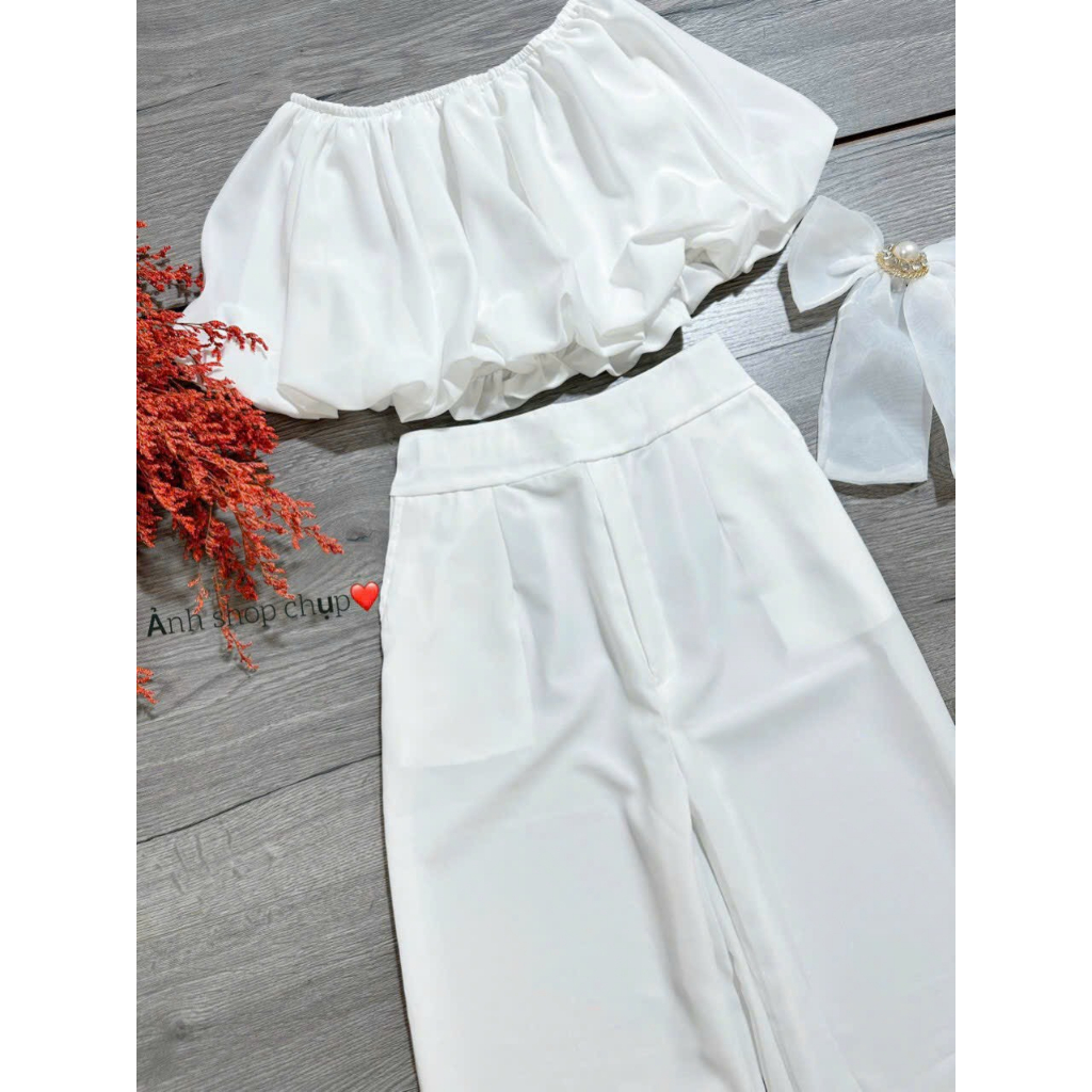 [5.5 Sales Freeship] Set áo nhún cúp ngực croptop mix quần dài ống suông, set thời trang nữ cúp ngực bồng bềnh Th