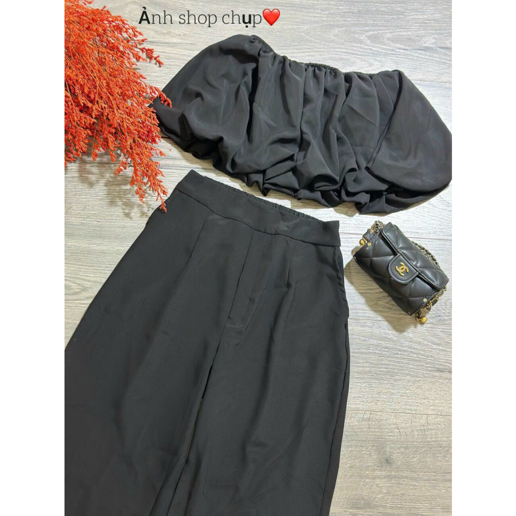[5.5 Sales Freeship] Set áo nhún cúp ngực croptop mix quần dài ống suông, set thời trang nữ cúp ngực bồng bềnh Th