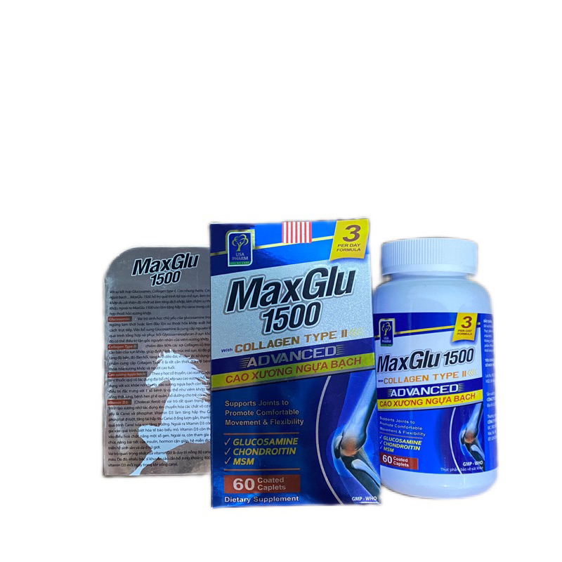 Cao xương ngựa bạch-MAXGLU 1500 lọ 60 viên-Làm chậm thoại hóa khớp, tái tạo mô sụn, làm trơn ổ khớp, tăng tiết dịch khớp