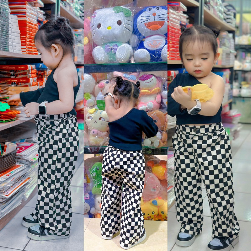 (7-35kg) Set áo lệch vai phối quần kẻ ô vuông siêu ngầu cho bé gái
