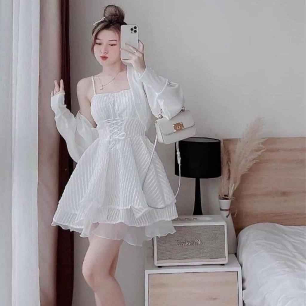 Đầm trắng dự tiệc đầm 2 dây xốp dài trên gối có dây thắt eo 3 lớp mix áo khoác croptop siêu đẹp