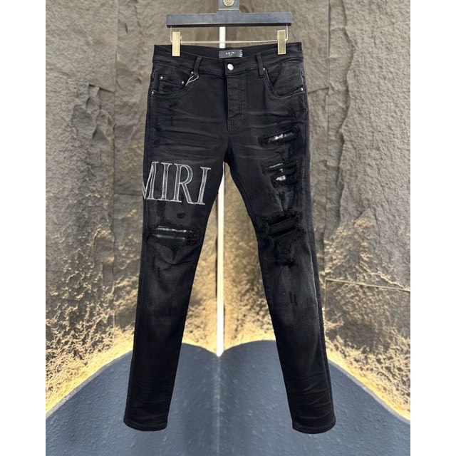 Quần Jean Skinny Nam Thêu Chữ AMIRI Slimfit Đùi Phối Rách Vá Da Nhăn Đen Dọc Đùi