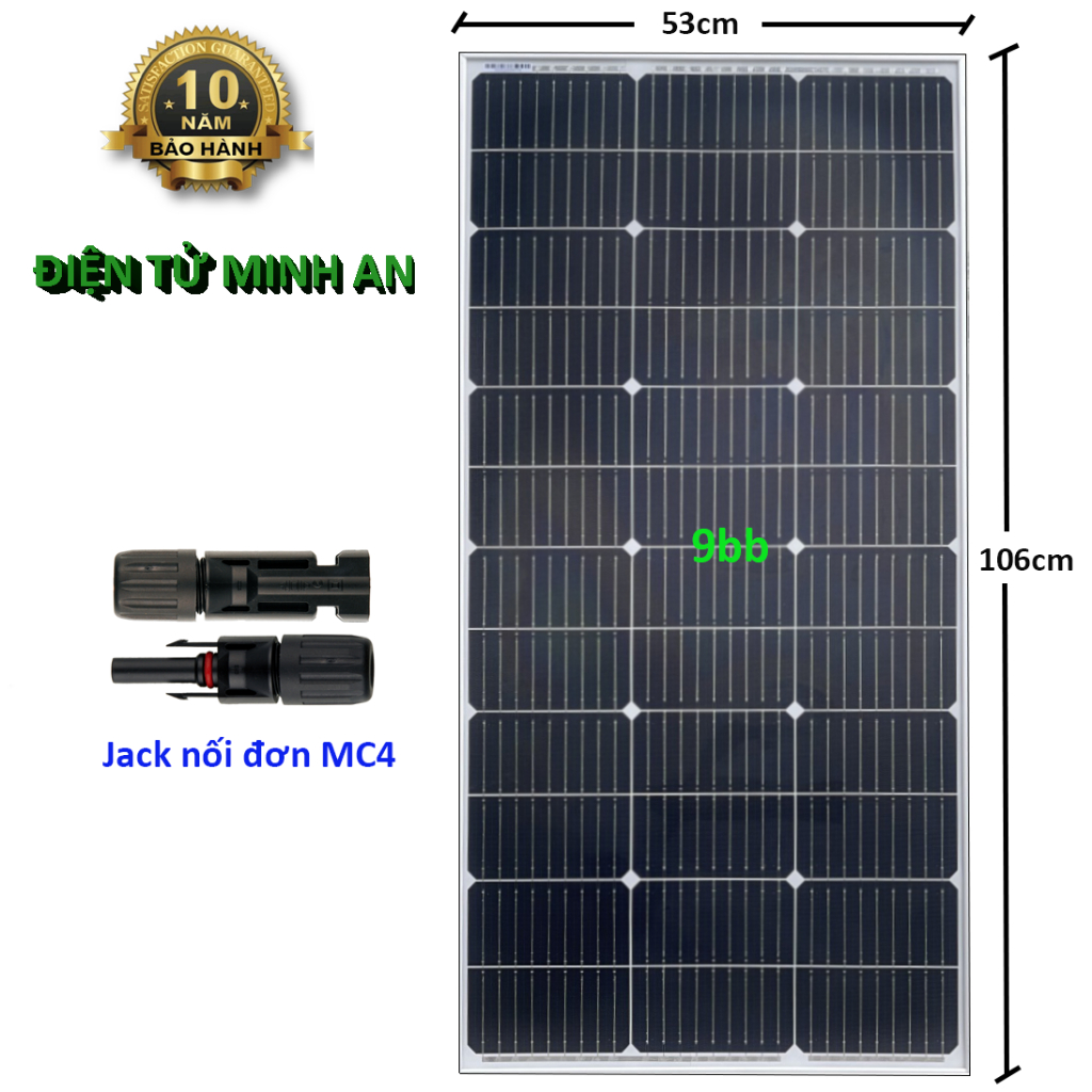 Tấm Pin năng lượng mặt trời đơn tinh thể Mono 100W 9bb tặng kèm cặp Jack nối đơn MC4