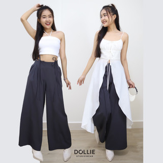  Quần tây nữ ống rộng dáng suông xếp ly lưng phối dây rút buộc nơ Oxford Pants 
