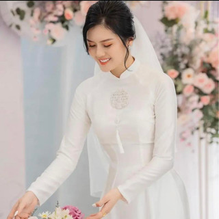 Áo dài cô dâu lụa vân gỗ 2 tà cao cấp 2023